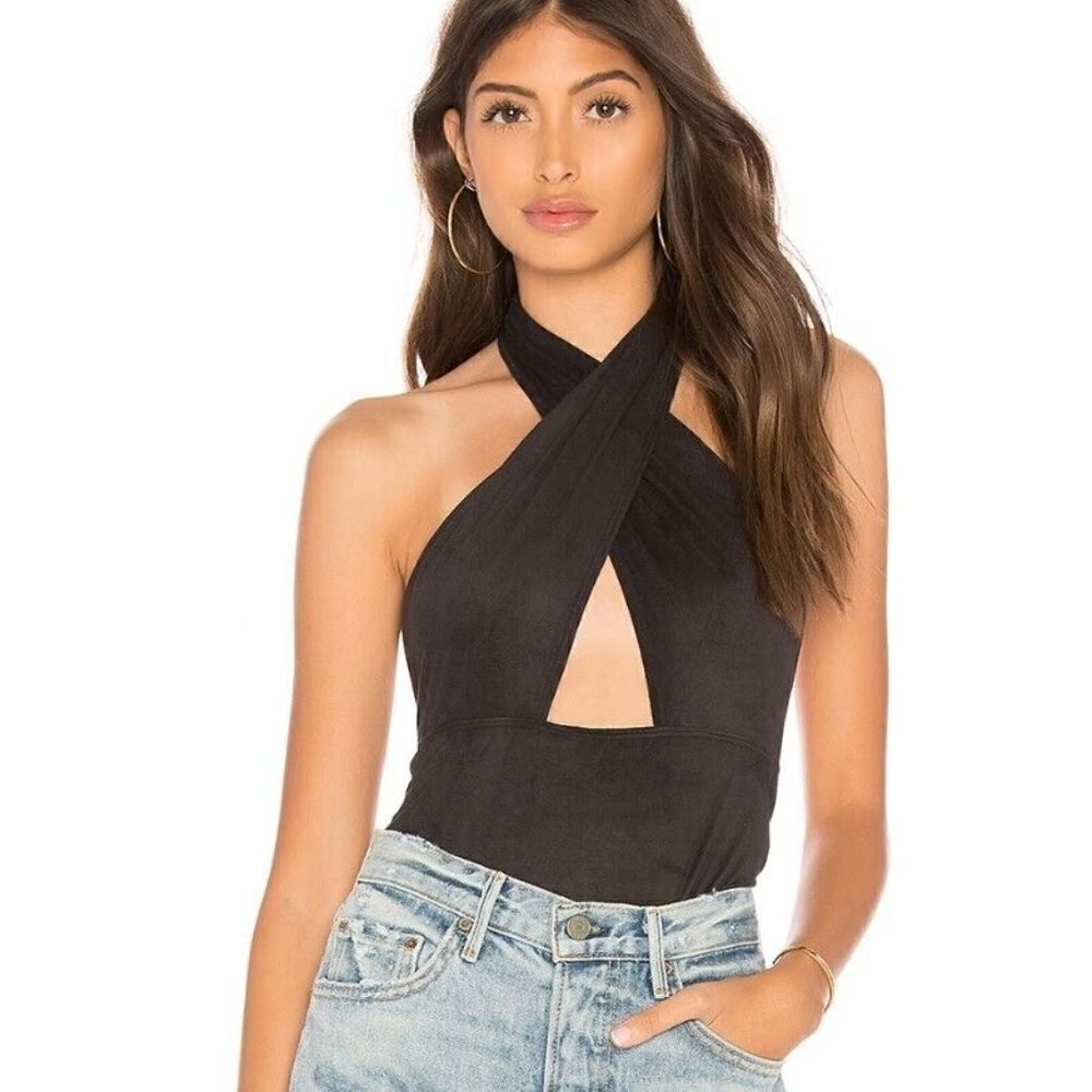 New OW Collection Celine Bodysuit Womens M/8 Black Sleeveless Crossover Top